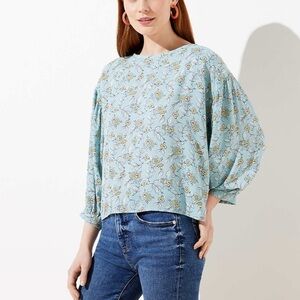 Loft Women’s Aqua Floral Print Mixed Blouse Size XS Blouson Sleeves